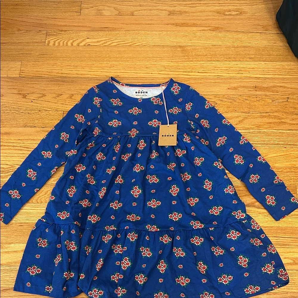 Boden size 7-8 Blue Floral Long-Sleeve Tiered Girls Dress